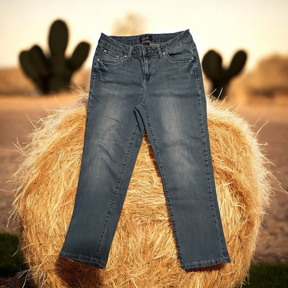 Earl Jeans Straight Leg Denim Crop Jeans Womens 12 Bling Pockets Embroidered